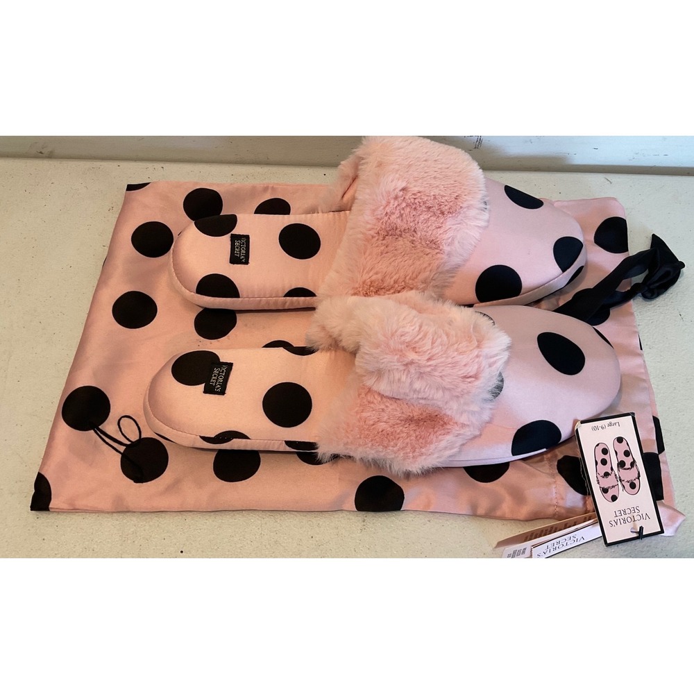 Victorias Secret Pink Polka Dot Slippers Faux Fur Slides Large 9-10 NWT
